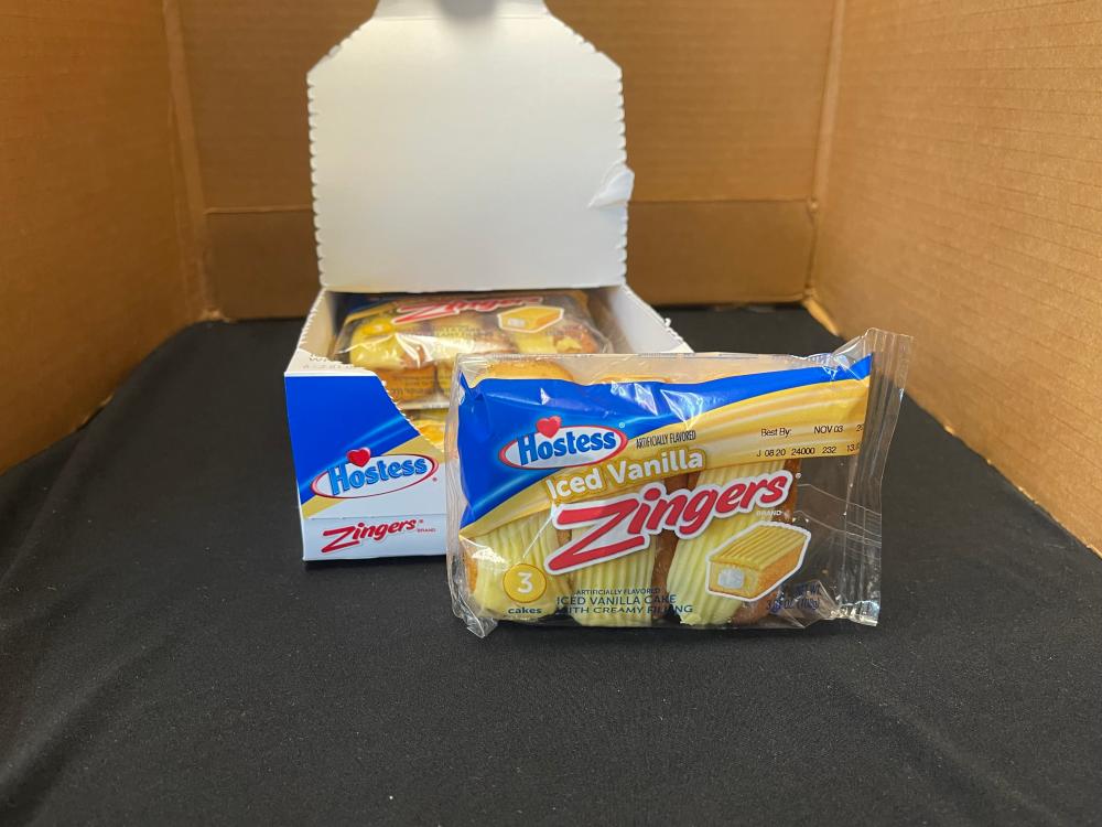Hostess Iced Vanilla Zingers box, 6 packs, 3 to a pack