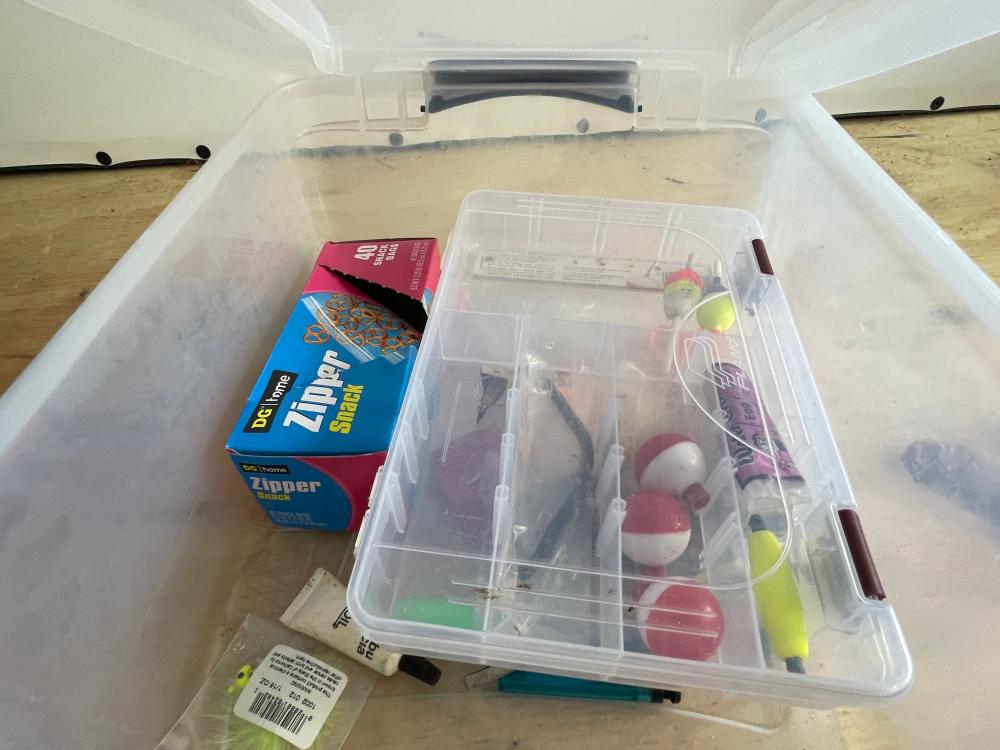 tote of fishing tackle ect