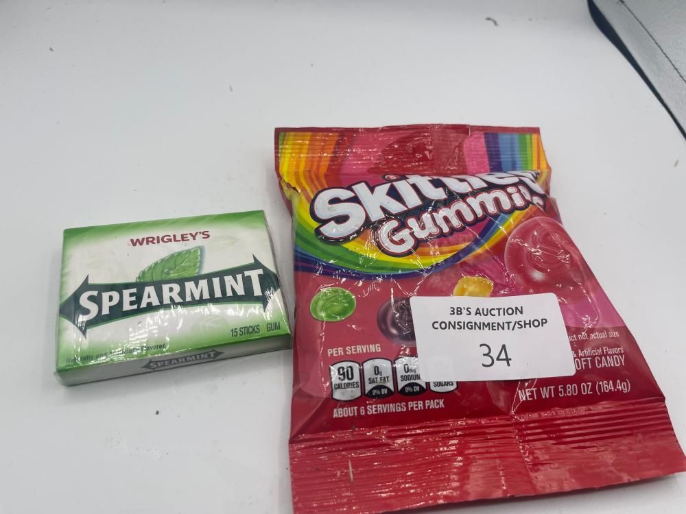 Bag of skittles gummies and spearmint gum