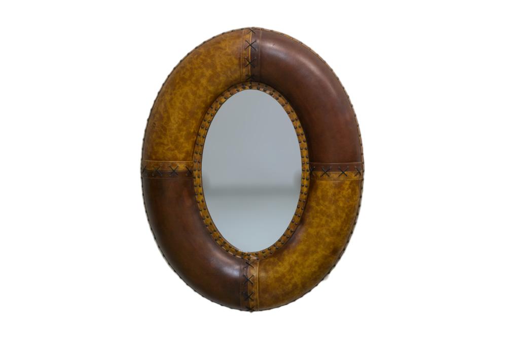 A Mid 20th Century Oval Mirror with a Leather Frame, 120cm x 90cm x 10cm