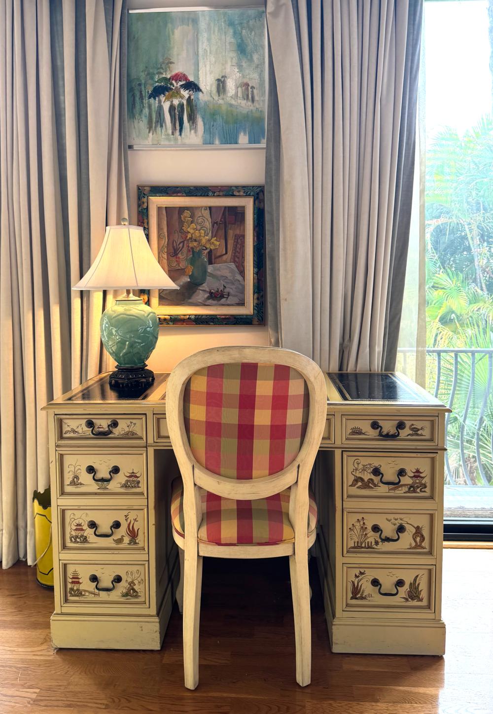 George III Style Chinoiserie Pedestal-Form Desk & Side Chair