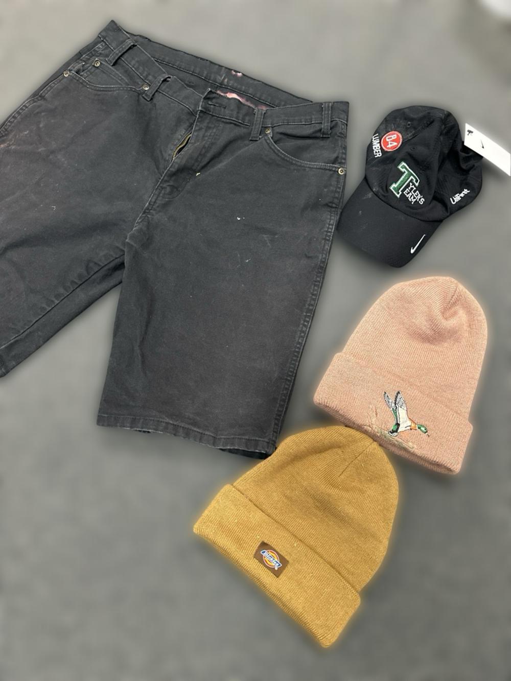 Lot of Nike Cap, Dickies Beanie, Denim Shorts, and Duck Beanie