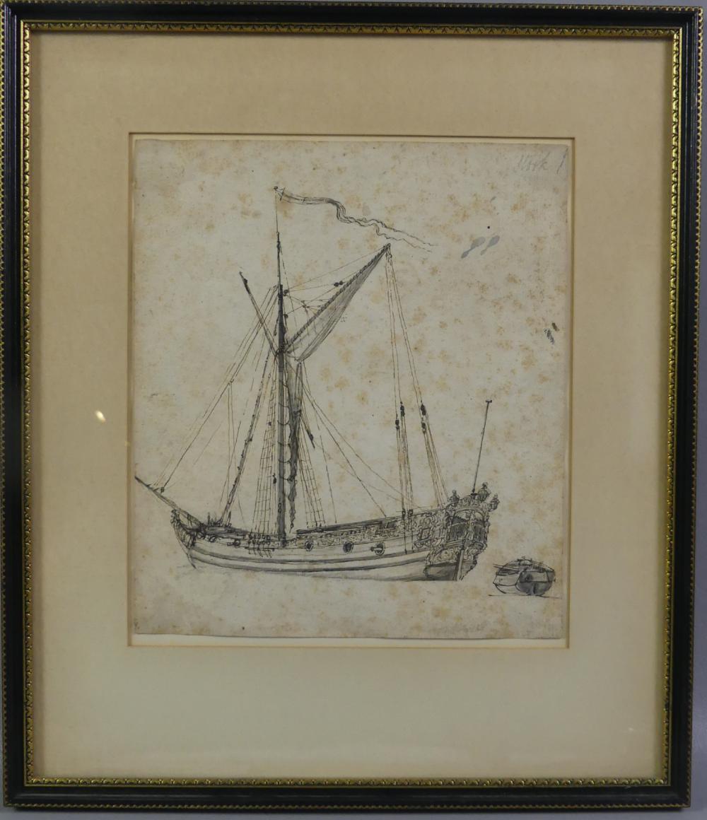 ABRAHAM STORCK INK DRAWING - SHIP C. 1680