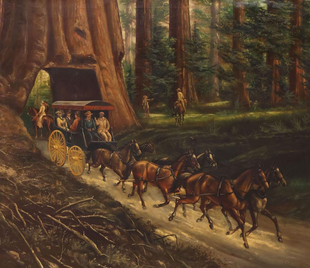 SIGNED T. HILL OIL PAINTING, STAGECOACH AT YOSEMITE TREE TUNNEL, 39" X 45"