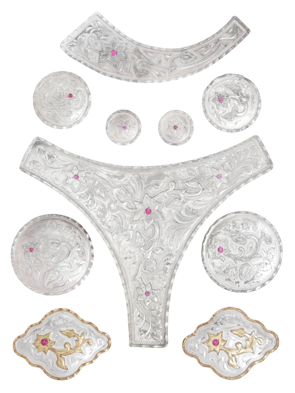 (10) CORTES COMPANY SILVERPLATE & PINK GEMSTONE HORSE SHOW CONCHOS
