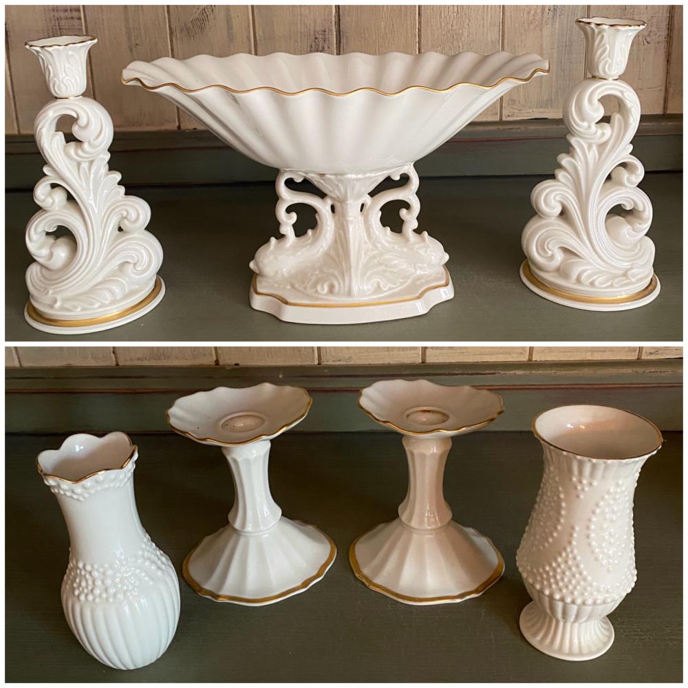 Five Pieces of Lenox China - Pedestal Bowl Dish, Pair of Candlesticks, 'Wave Swept' Pitcher and Leaf Patterned Platter - Absolutely No Shipping