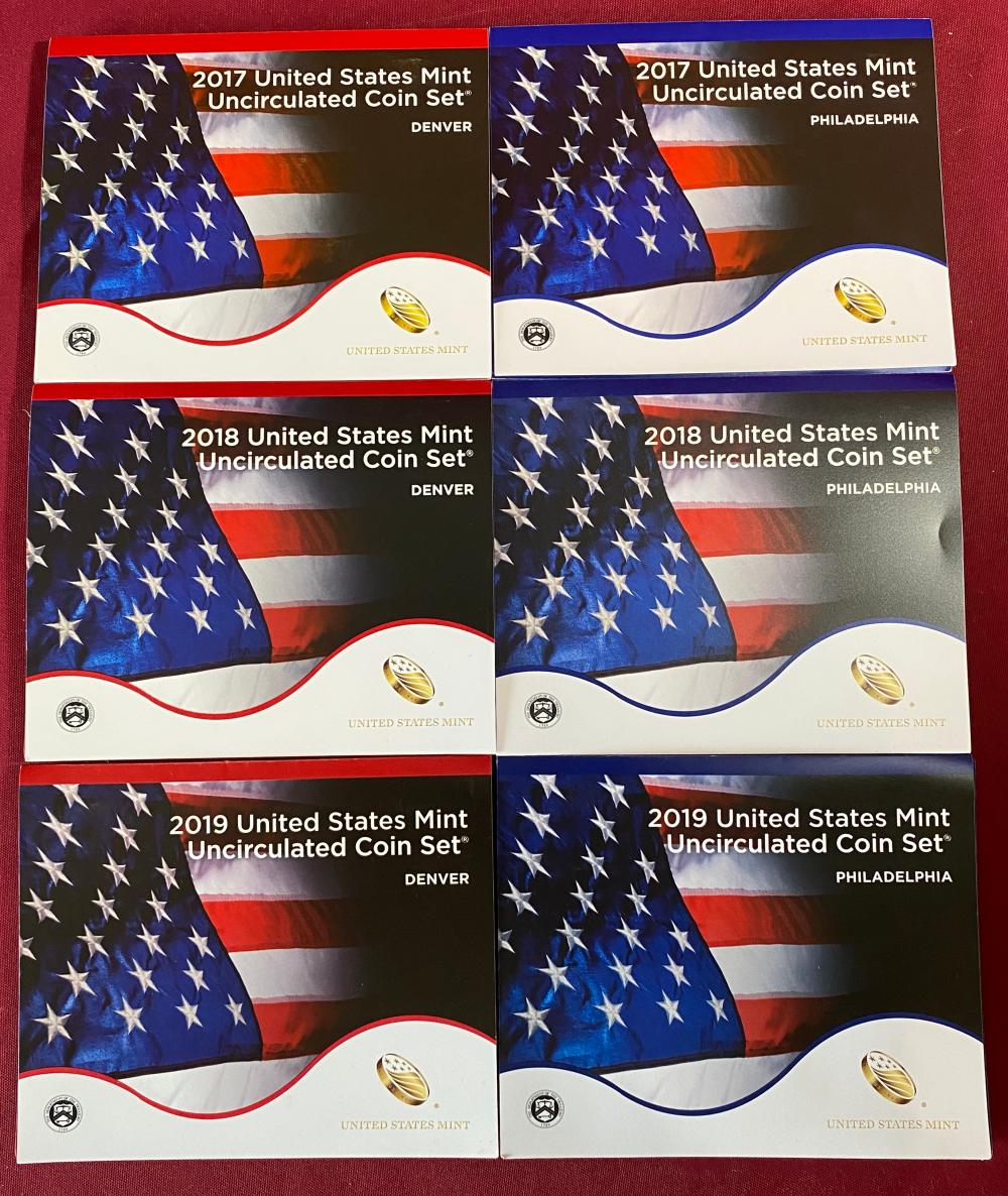 Six U.S. Mint Uncirculated Coin Sets - 2017-2019 Both D & P