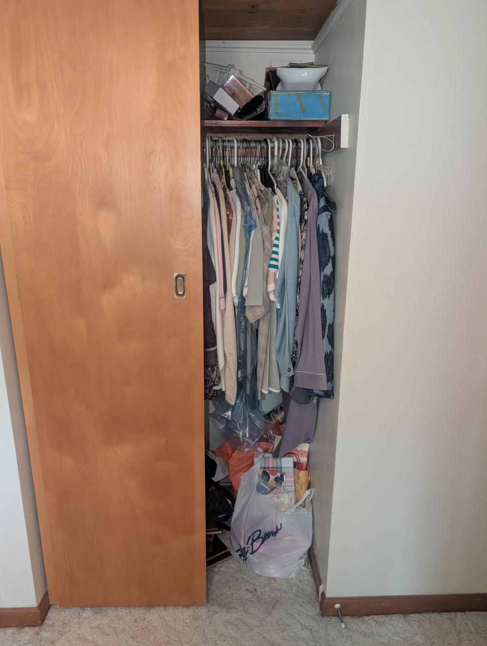 closet contents - jackets, suits, pants, sweaters, (small/medium), picture frames, other misc. items - bring bags