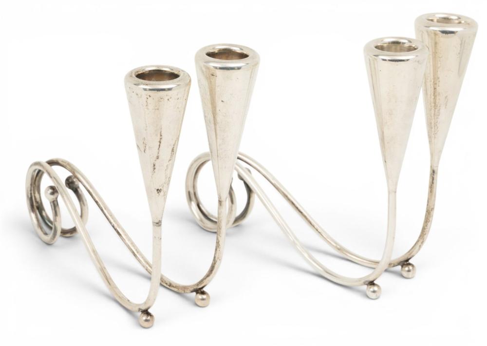 Mexican Sterling Silver Two-light Candlesticks, Ca. 1952, H 7" L 7.5" 26 t oz 1 PAIR