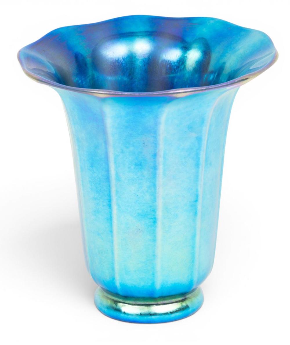 Steuben (American) Blue Aurene Glass Trumpet Vase H 4.75" Dia. 5.25"