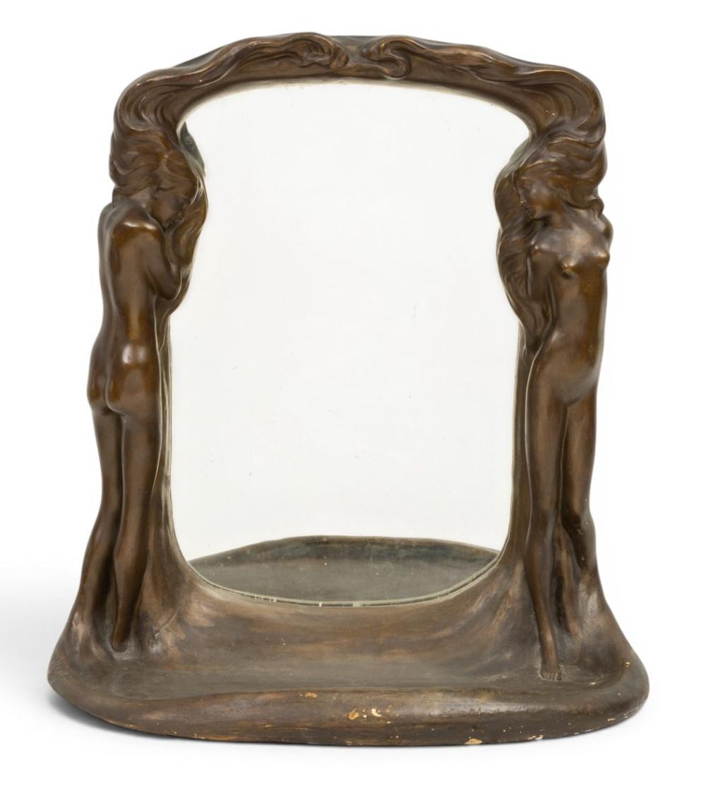 Eugène Émile Moulin (French, 1880-1914) for Goldscheider (Austrian) Art Nouveau Style Patinated Plaster Dresser Mirror, Early 20th C., H 22.5" W 20.5" Depth 8"