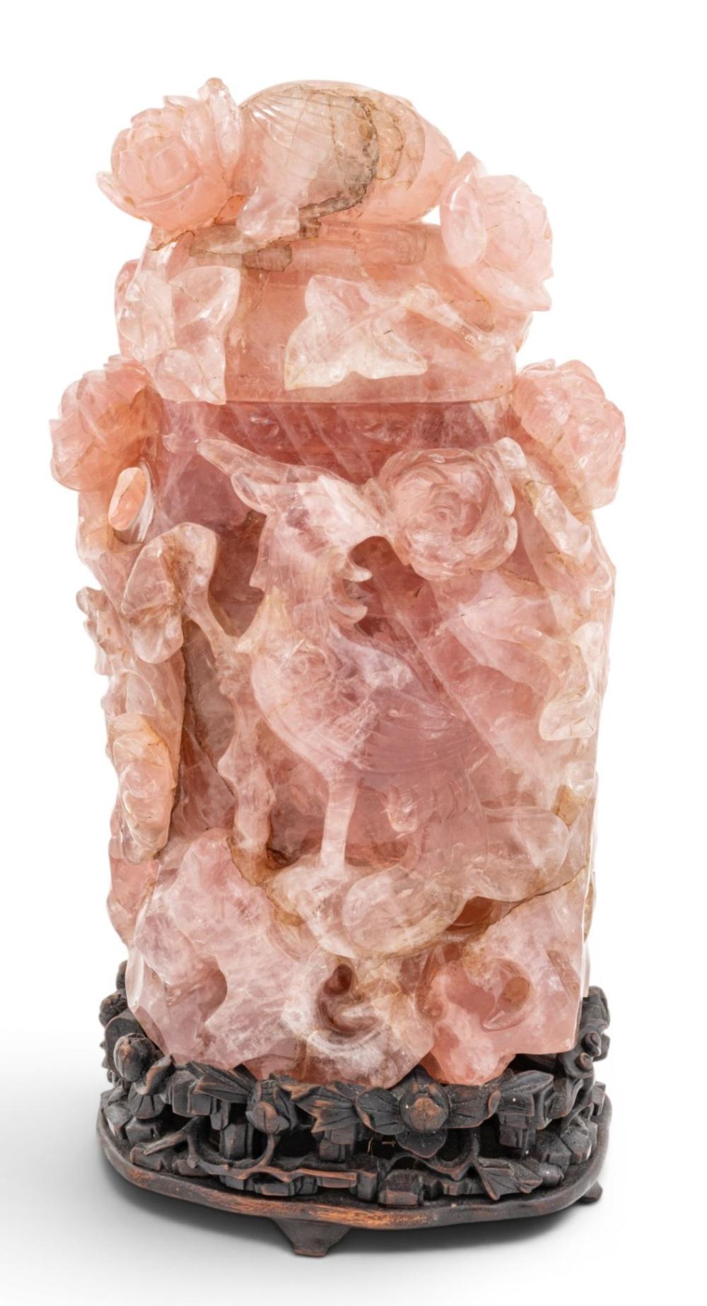 Chinese Carved Rose Quartz Covered Urn Mounted As a Lamp, H 13" W 7.5"