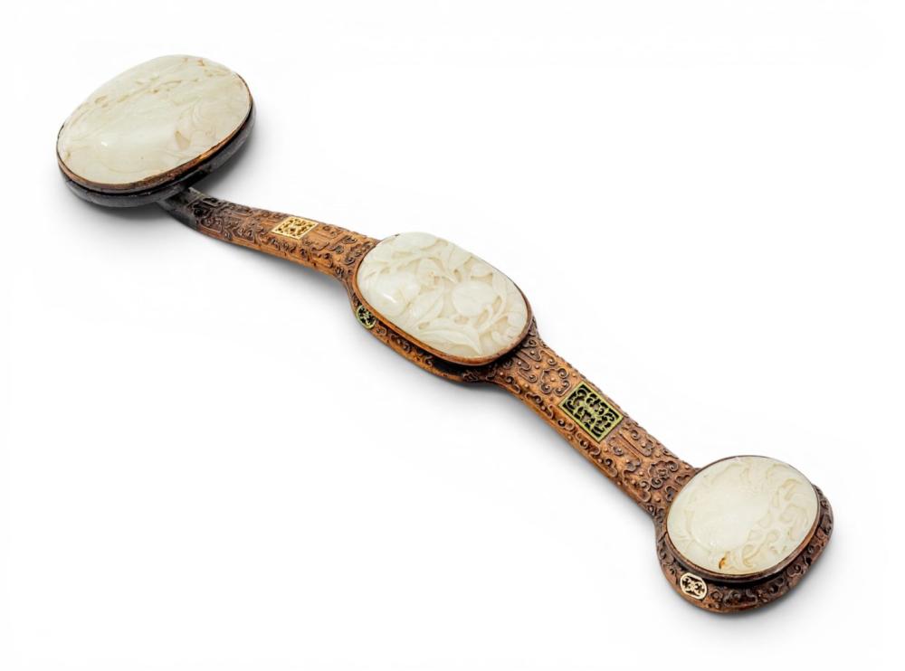 Chinese White Jade and Rosewood Ruyi Scepter 18th/19th C., W 5.5" L 22.5" Depth 3.5" 1 PC