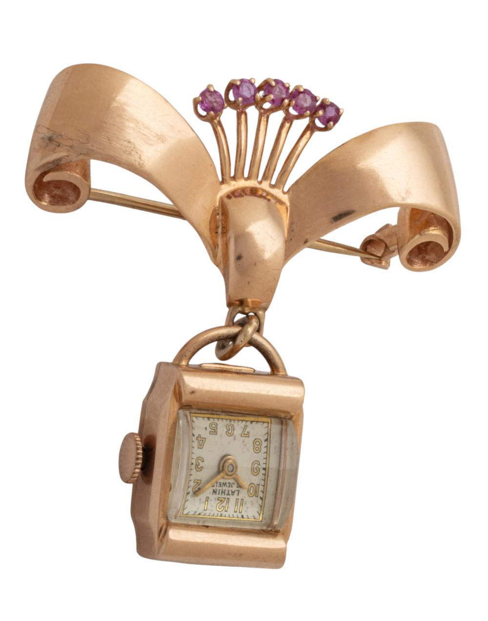 Lathin (Swiss) 14K Gold Lapel Watch, Pink Sapphires, 17 Jewels 1940, 15.3 grams 1 PC