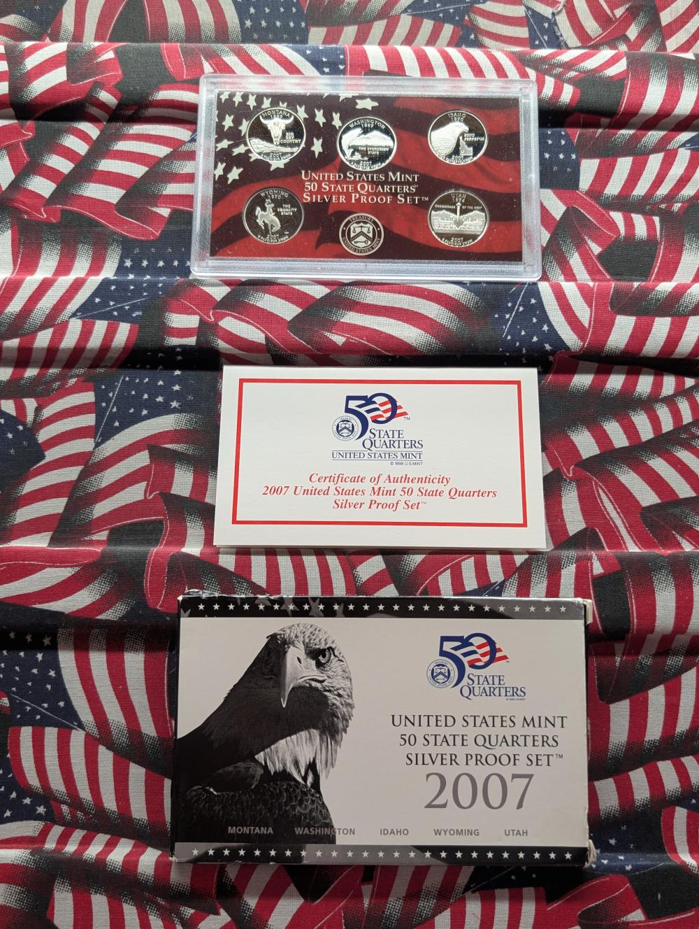 2007-S U.S. Mint Fifty State Quarters Silver Proof Set In OGP With COA, Five 90% Silver Coins