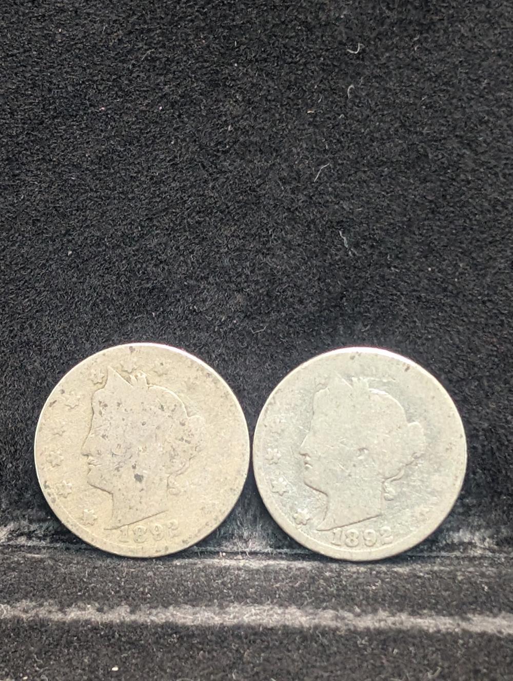 (2) 1892 Liberty Head V Nickels - 134 Years Old!