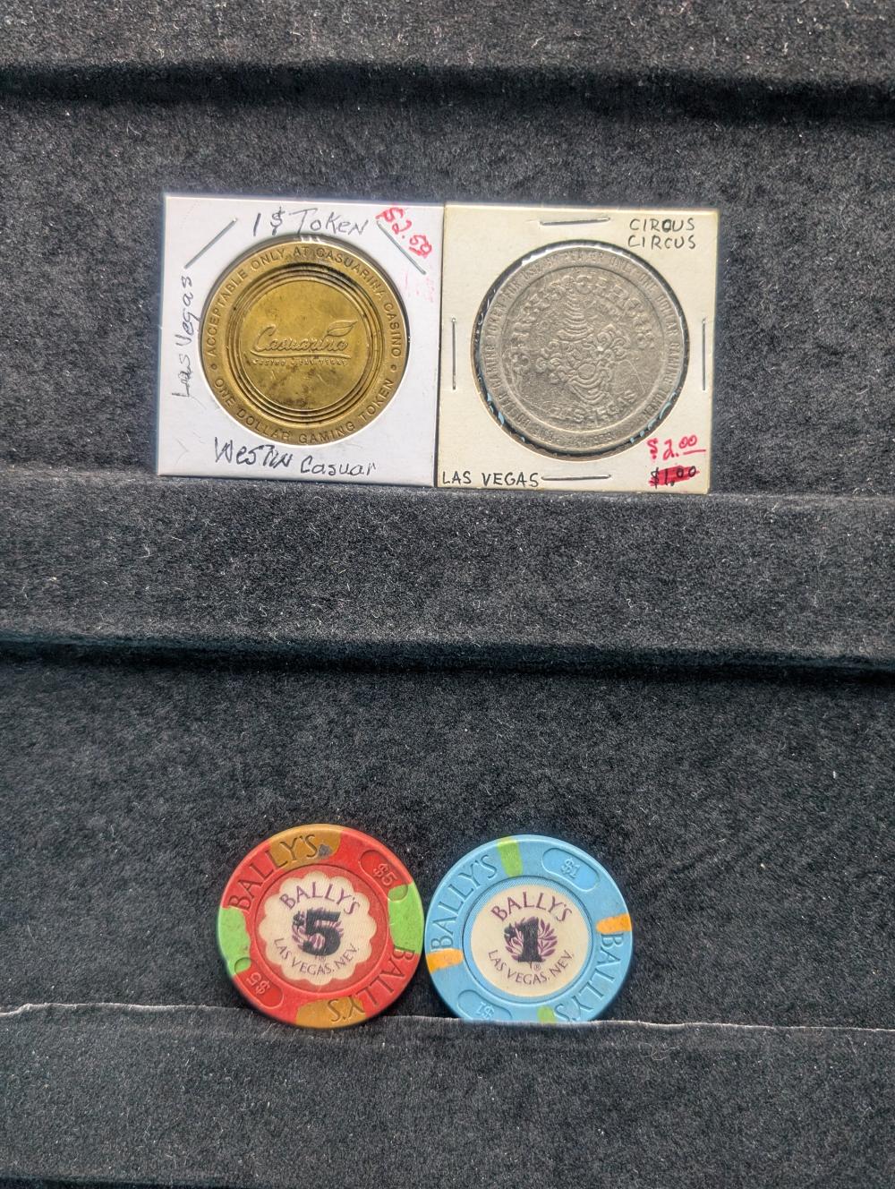 Two Vintage Casino Tokens & Two Vintage Casino Chips
