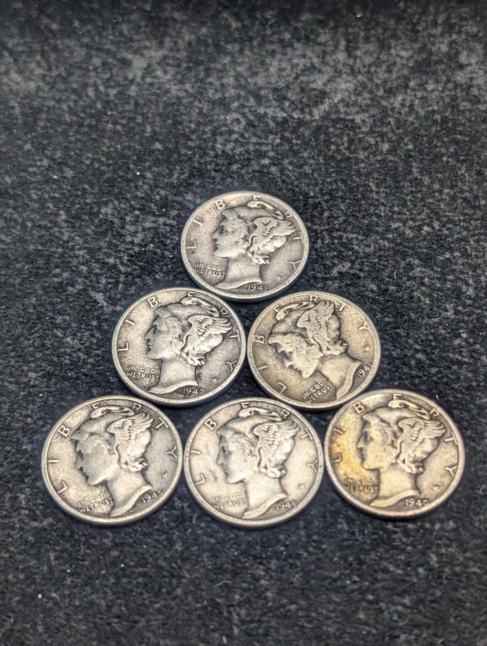 1940-1945 Mercury Dimes, 6 Coins