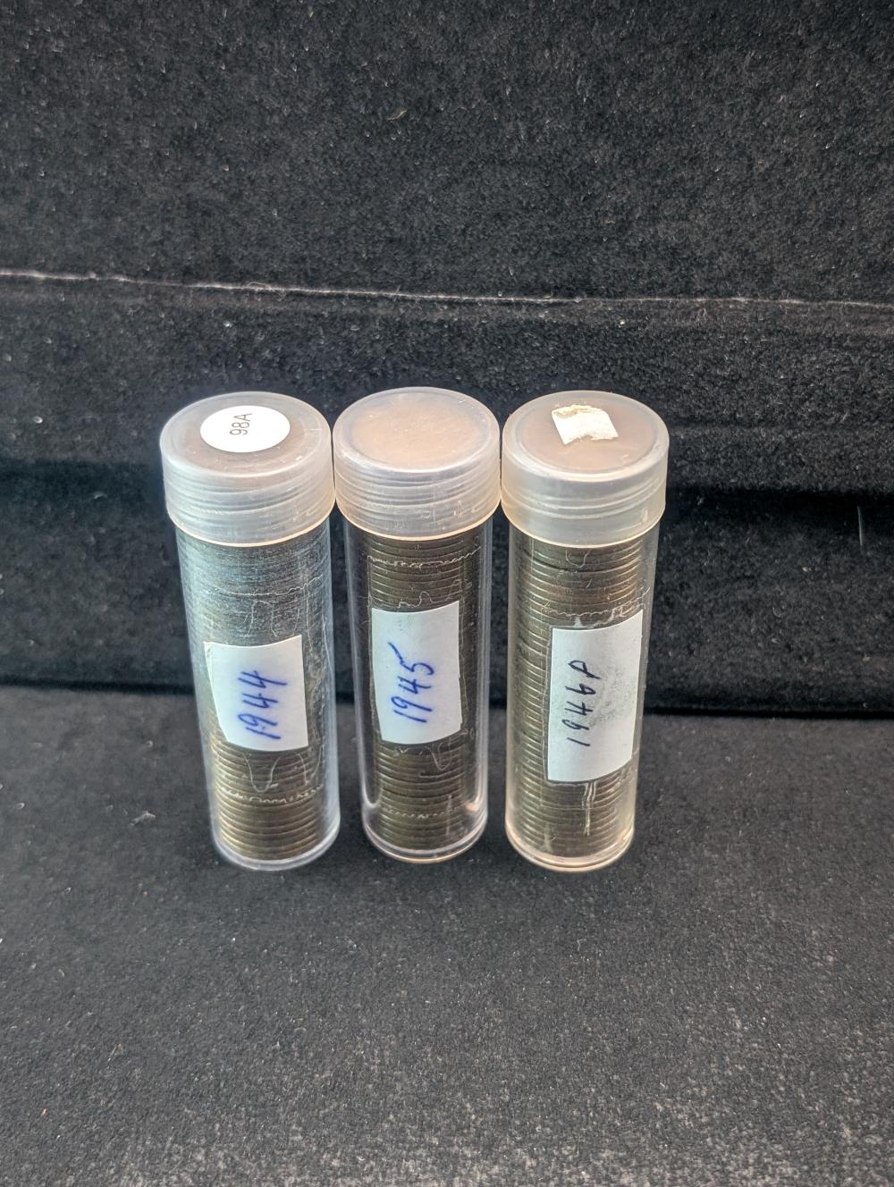 Three Rolls of Lincoln Wheat Cents, Shell Brass, 1944, 1945, & 1946