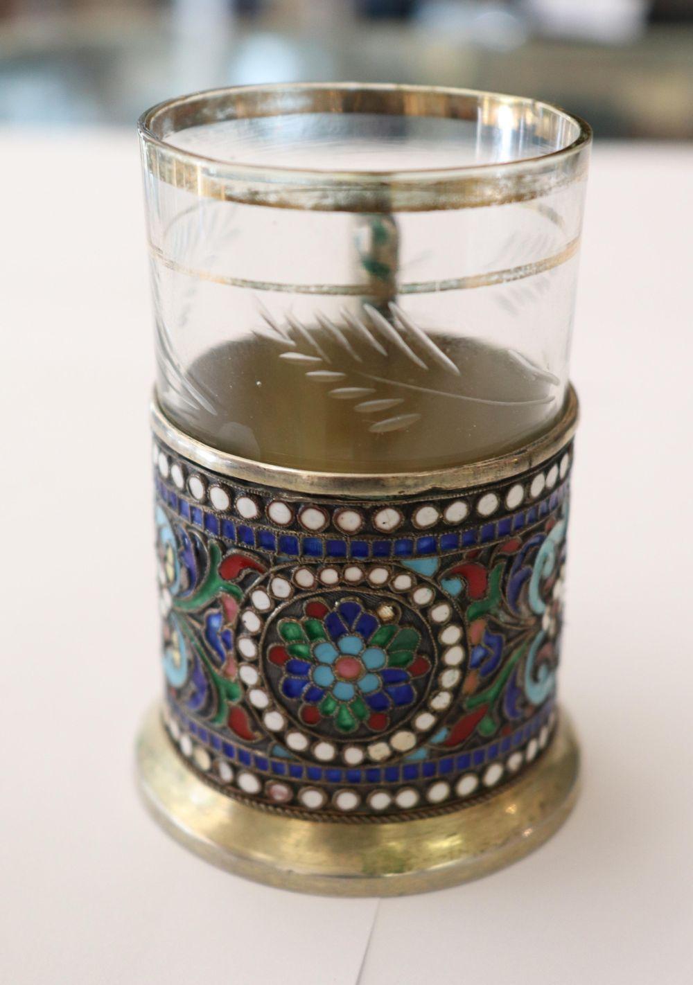 Russian Imperial cup holder, silver 84, cloisonné enamel, gilt, ДН-mark, circa 1893-1917