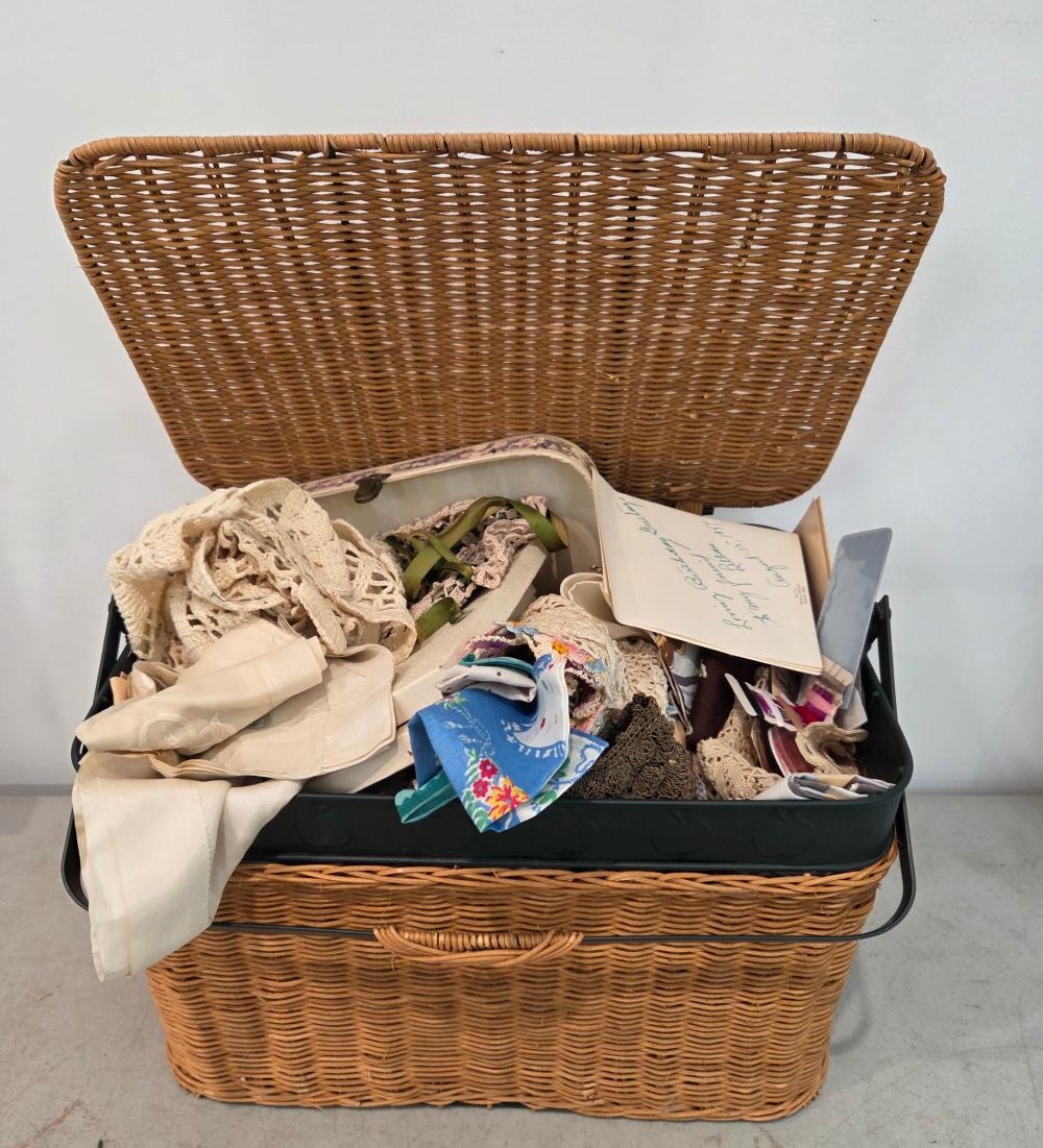 Basket With Vintage Handkerchiefs - Crochet Pieces - Head Scarf