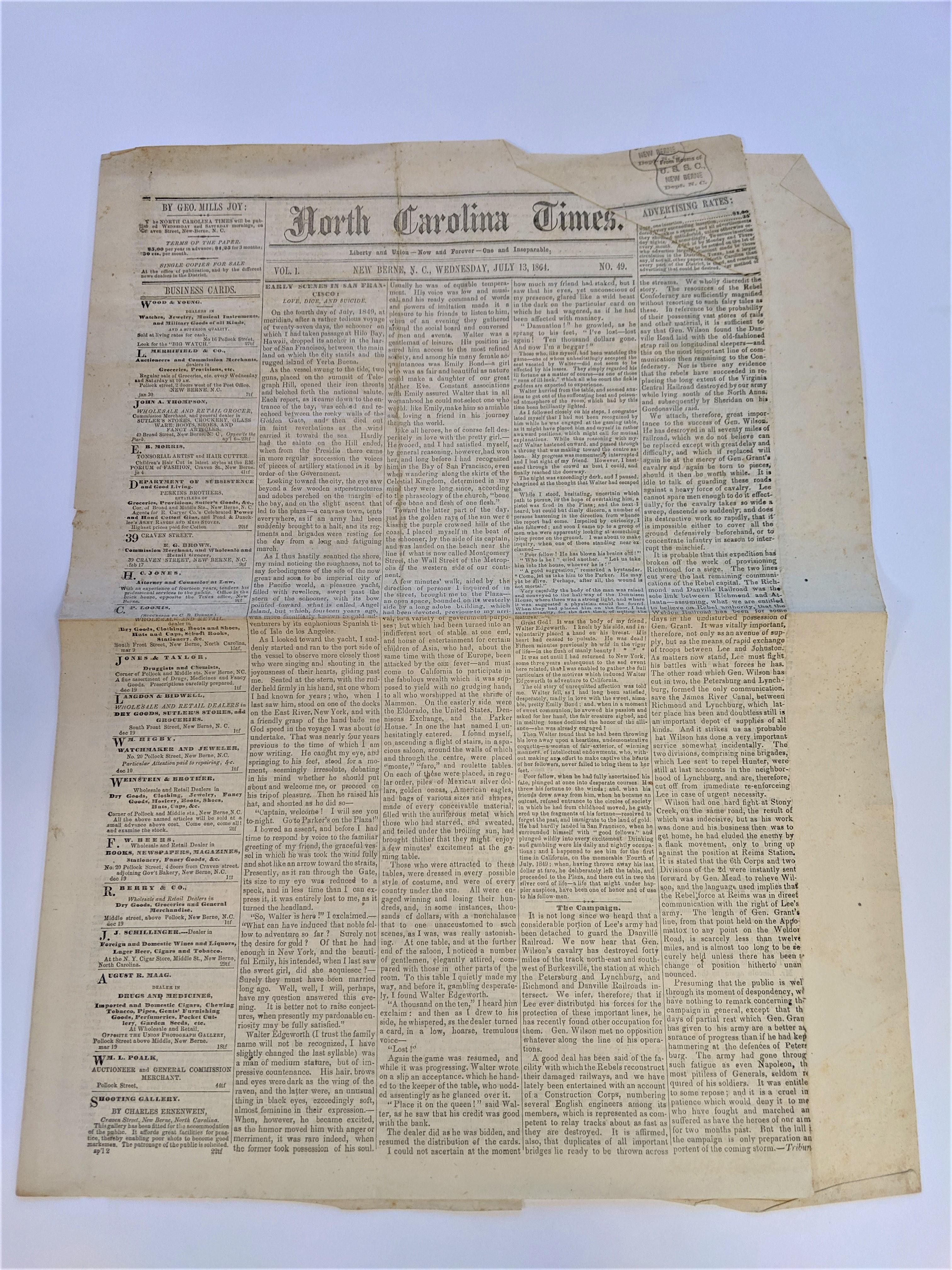 Civil War Confederate Newspaper-July 13, 1864