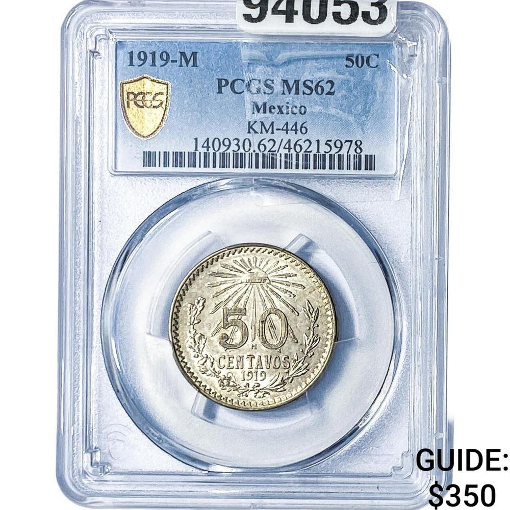1919-M Mexico Silver 50 Centavos KM-446 PCGS MS62