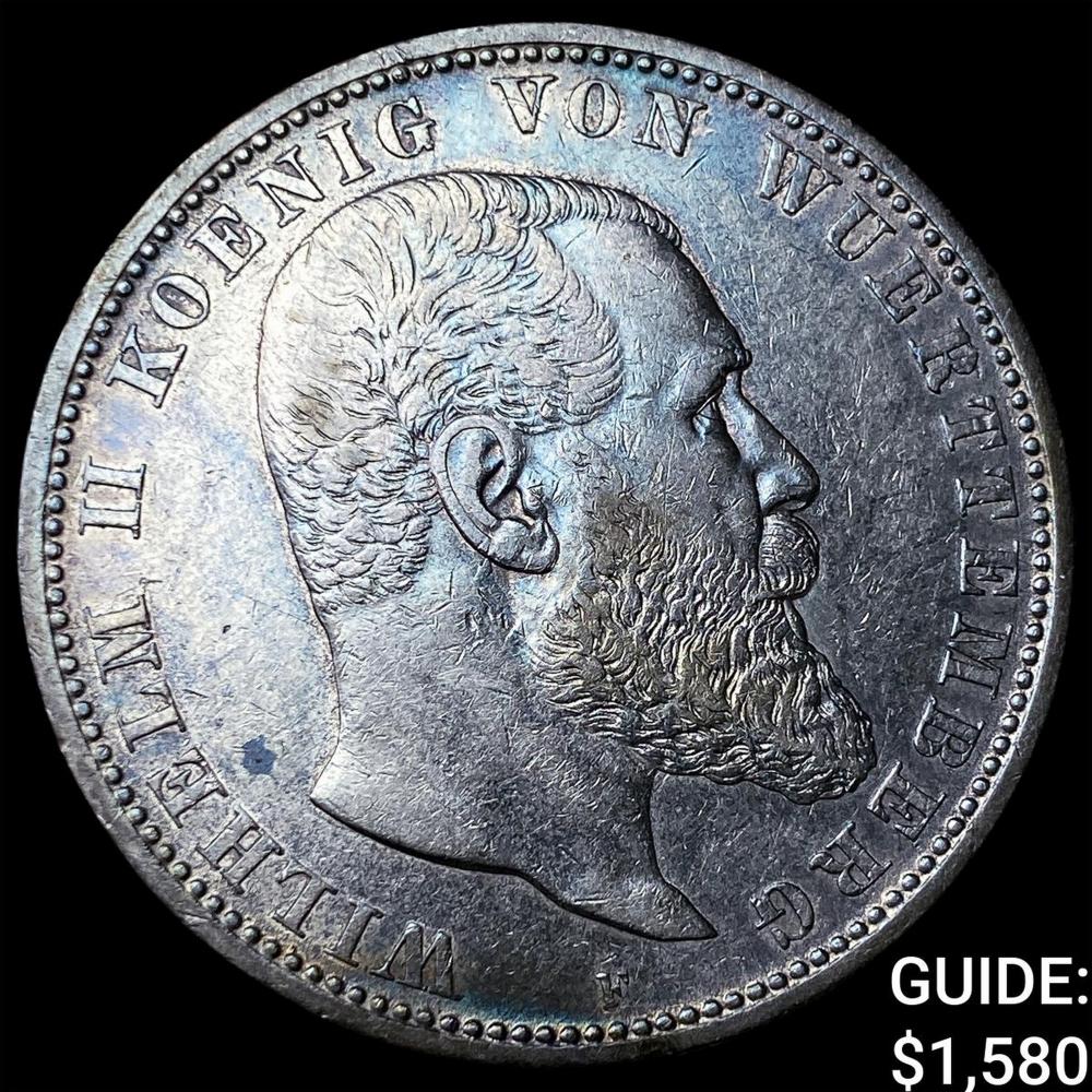 1899F German States Wuttemberg Silver 5 Mark