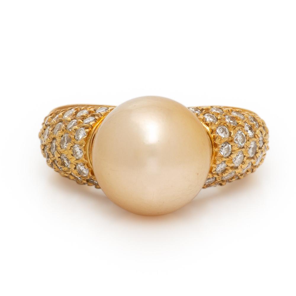 Gold Cultured Pearl, Diamond, and Yellow Gold Ring