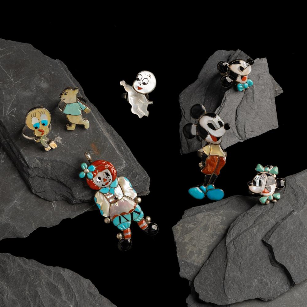 Collection of Mosaic Inlay Zuni-toon Rings and Pendant