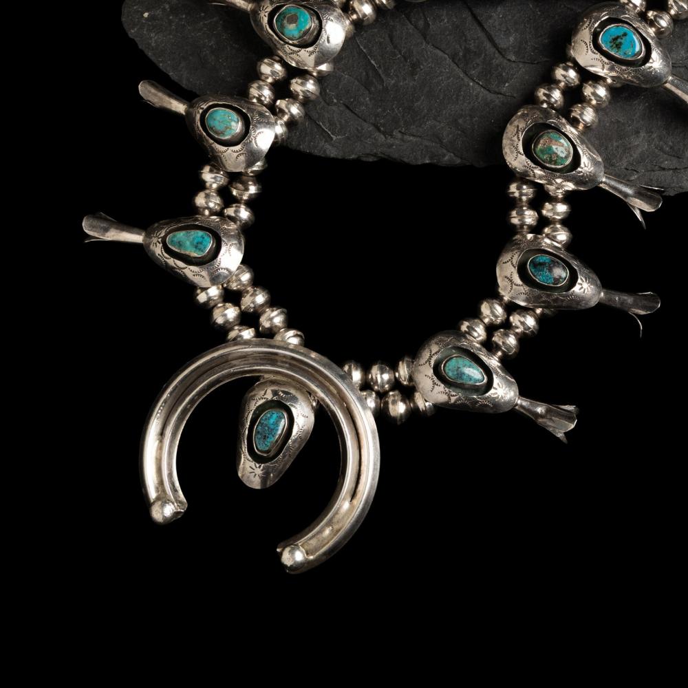 Navajo Silver and Turquoise Shadowbox Squash Blossom Necklace