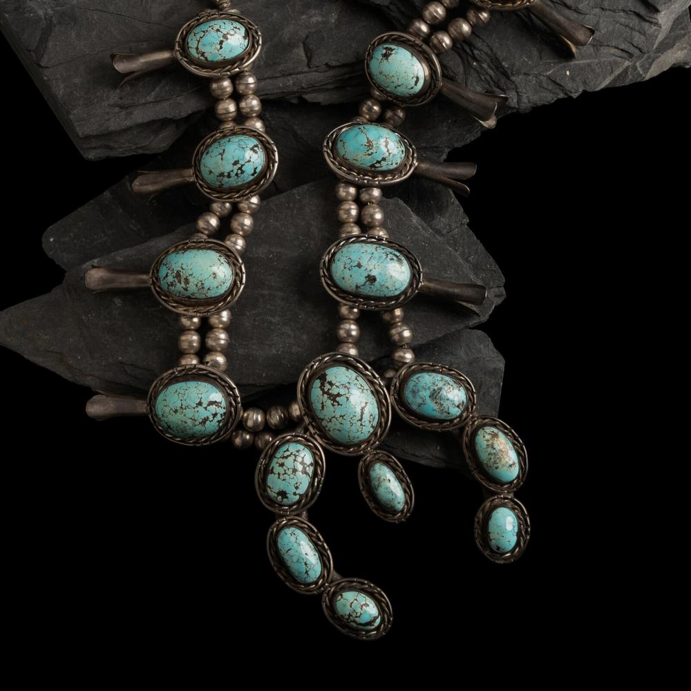 Large Navajo Silver and Turquoise Squash Blossom Necklace