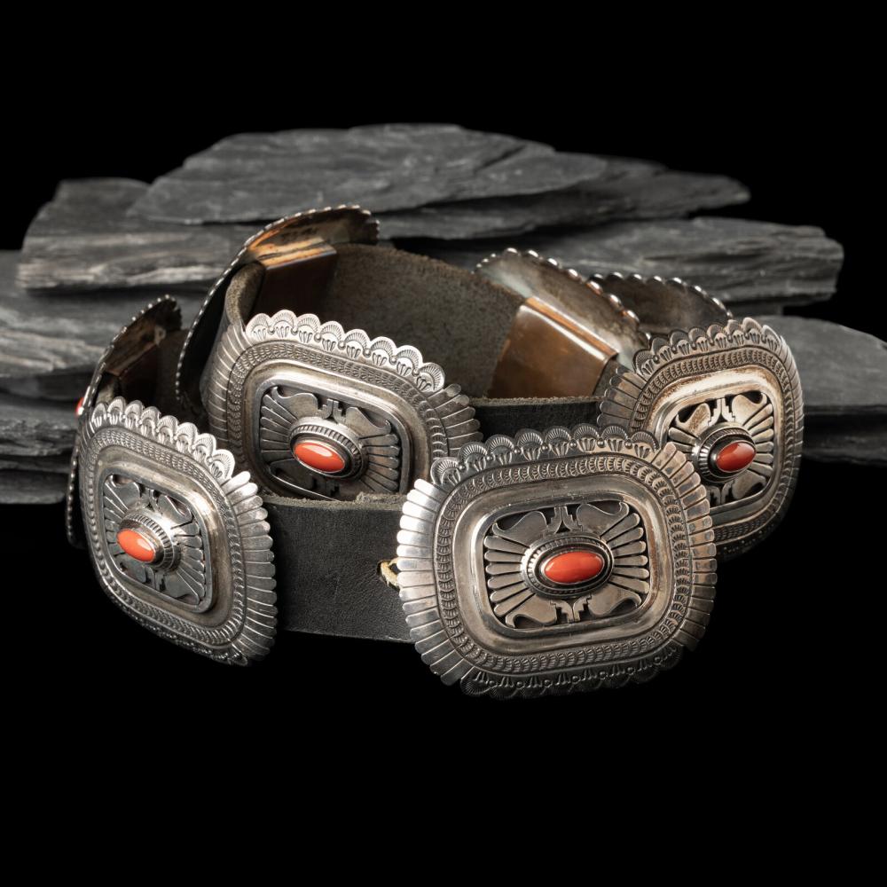 Leonard Nez (Diné, act. since 1980s) Sterling Silver and Coral Concha Belt