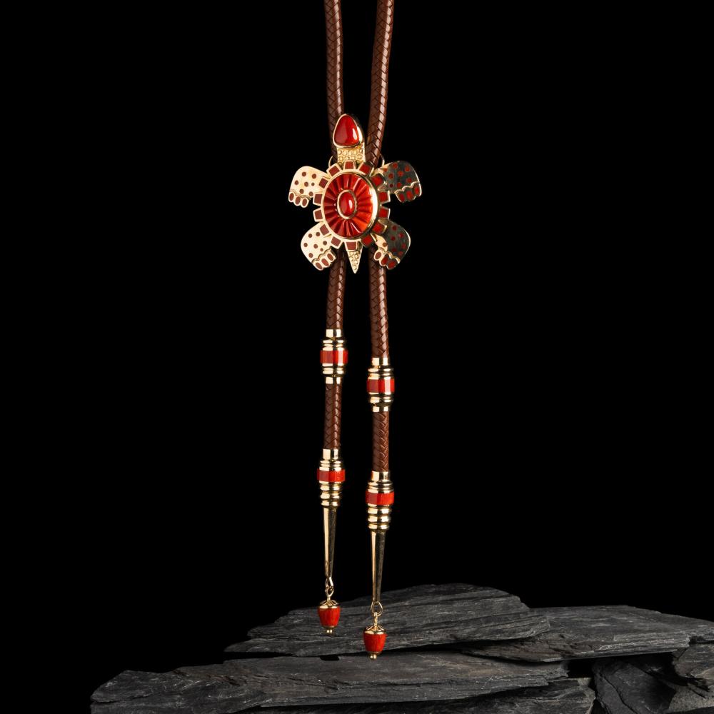 Vernon Haskie (Dine, b. 1968) 14k Gold and Mediterranean Coral Turtle Bolo Tie