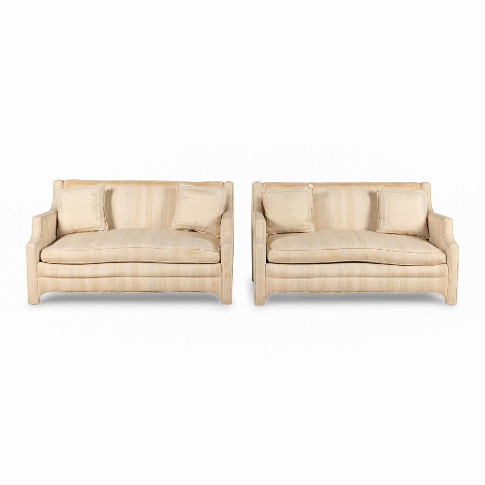 A Pair of Custom Cream Slub-Silk Upholstered Settees