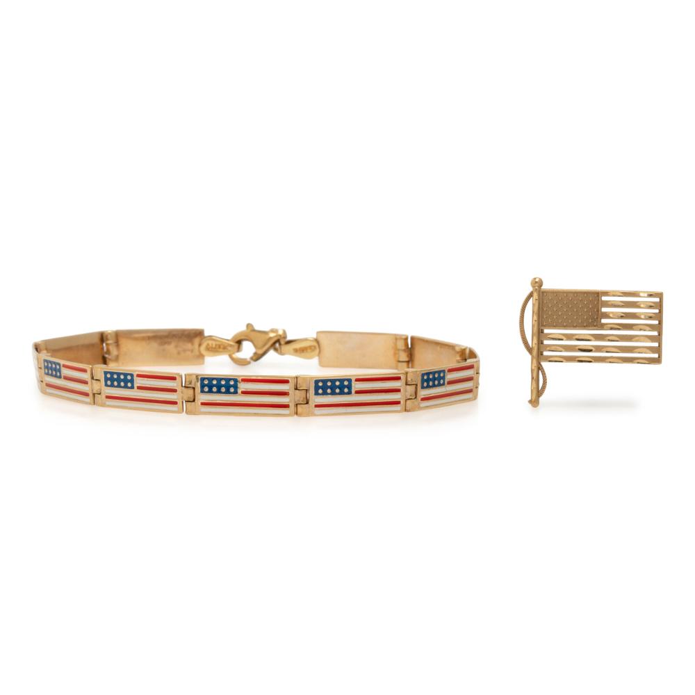 Yellow Gold and Enamel American Flag Bracelet and Pin