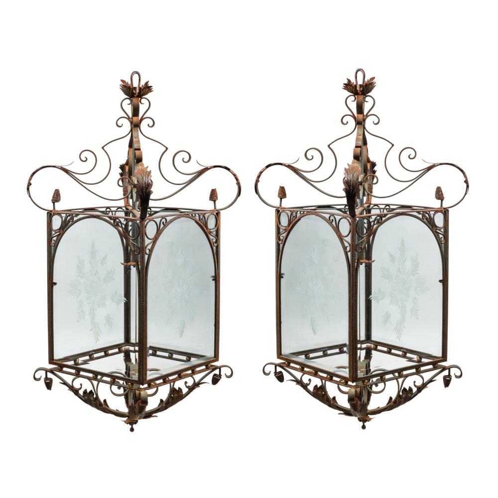 A Pair of Spanish Iron and Etched Glass Hall Lanterns