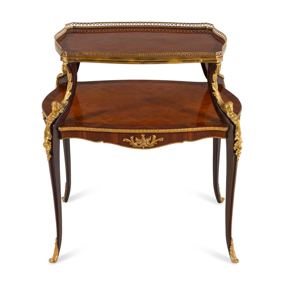A Louis XV Style Gilt Bronze Mounted Parquetry Two-Tier Serving Table