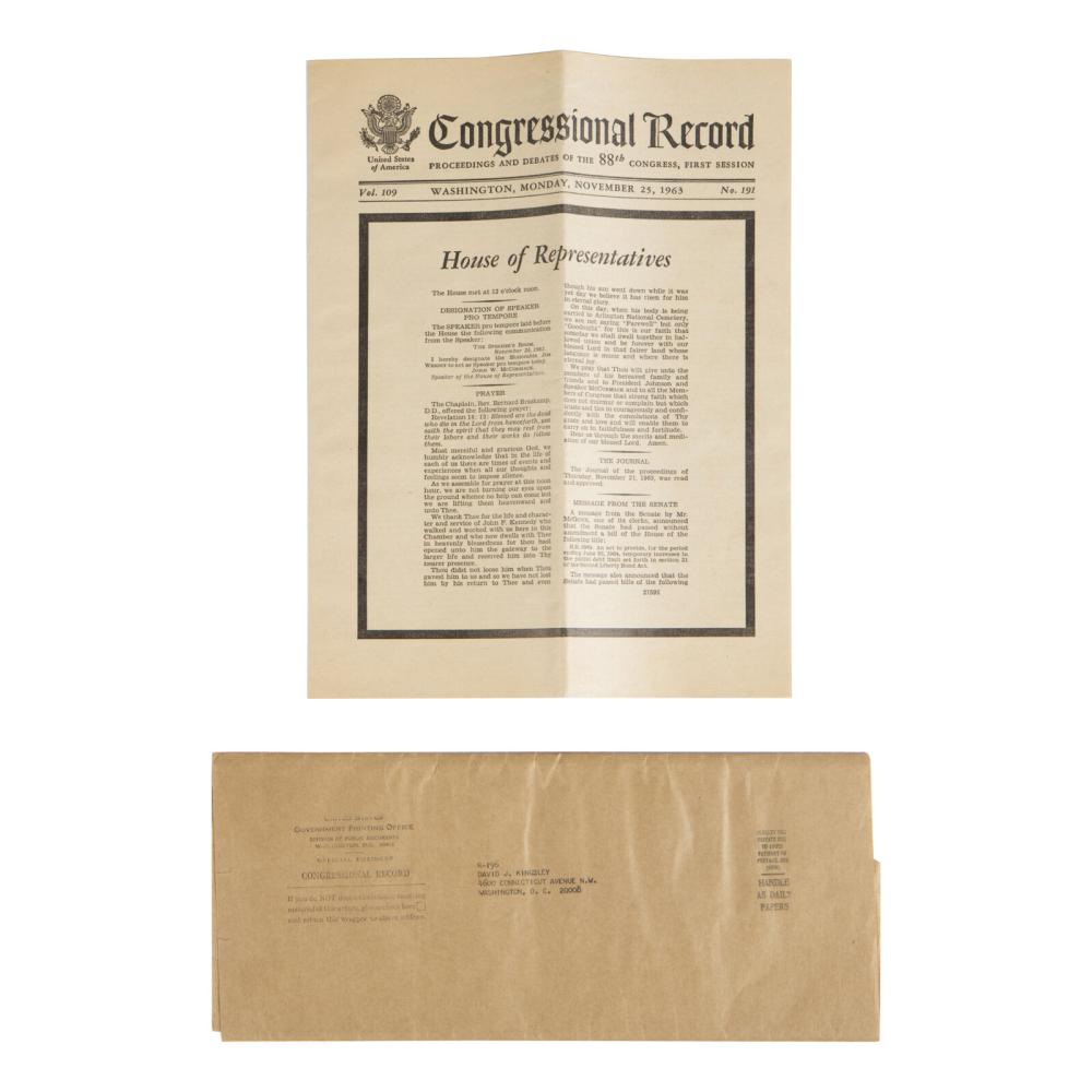 [JFK Assassination] Congressional Record, Proceedings and Debates of the 88th Congress, First Session, Vol. 109, No. 191. Washington: Government Printing Office, 25 November 1963.