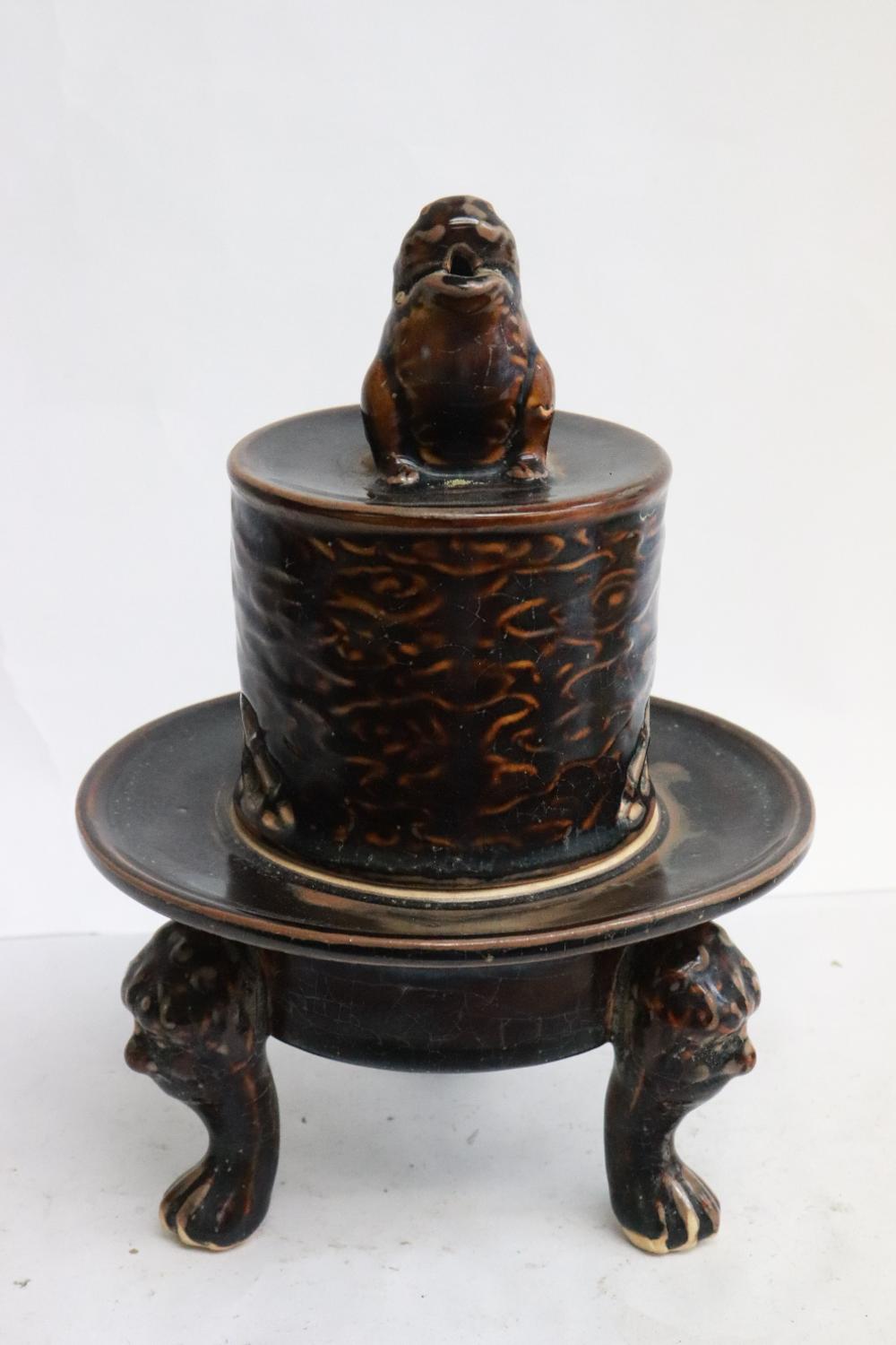 brown glazed tripod covered censer