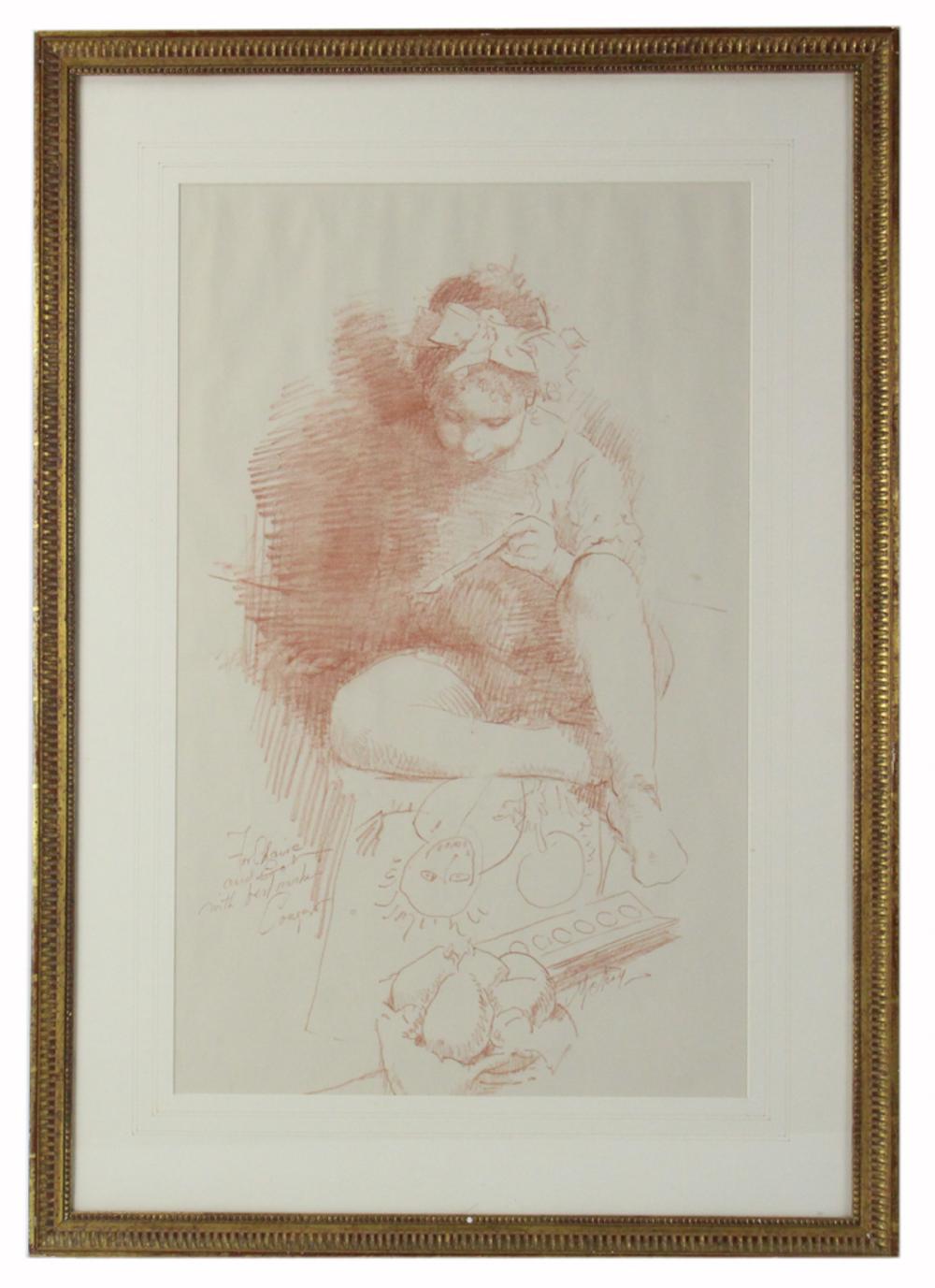 Conger Metcalf, Girl Drawing, Terra Cotta Crayon on Paper