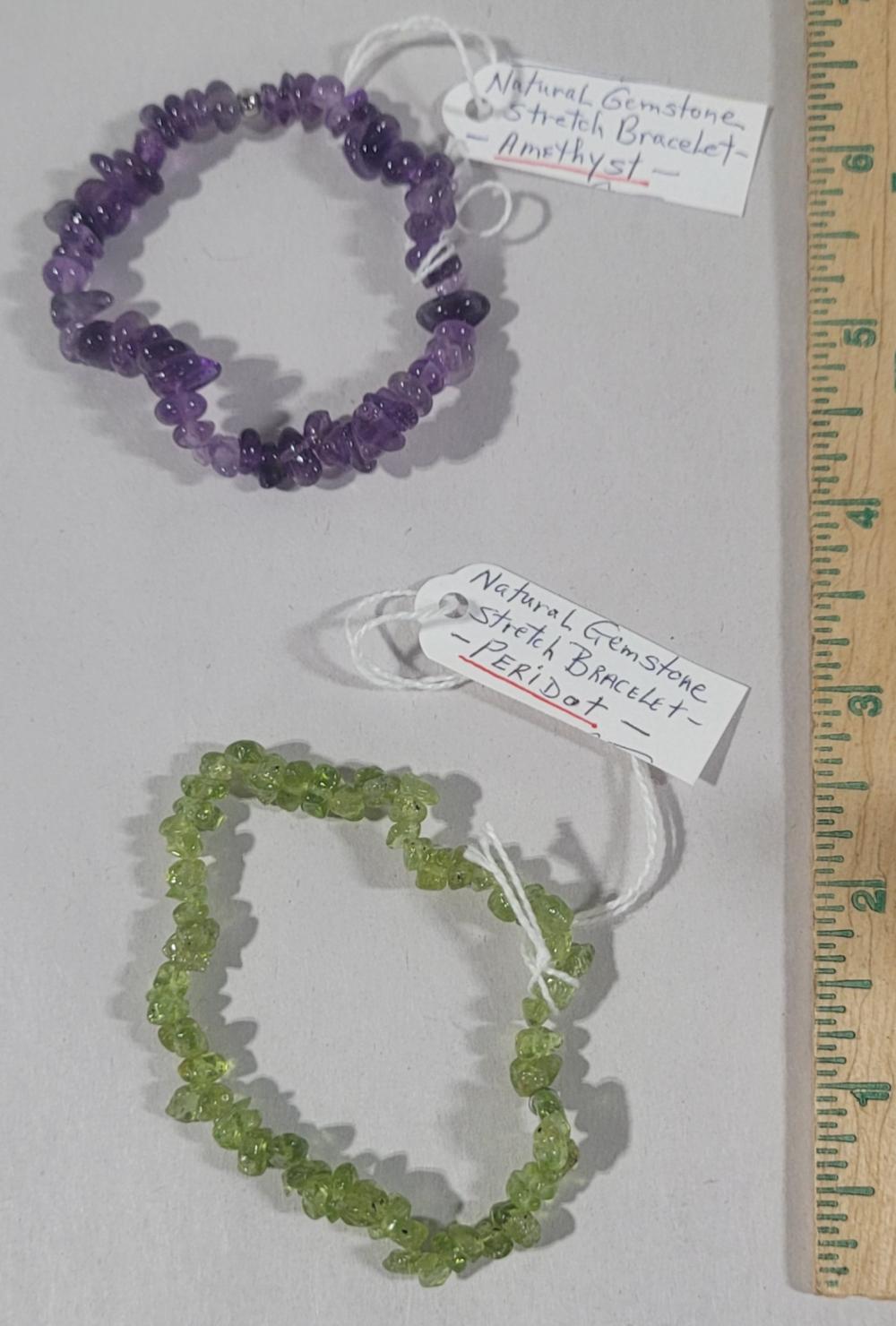 Pair of Two Natural Stone Stretch Bracelets - Peridot & Amethyst