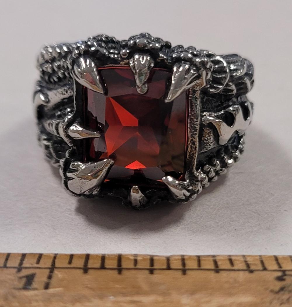 Large Red Stone & Silver Tone Heavy Ring - Size 11