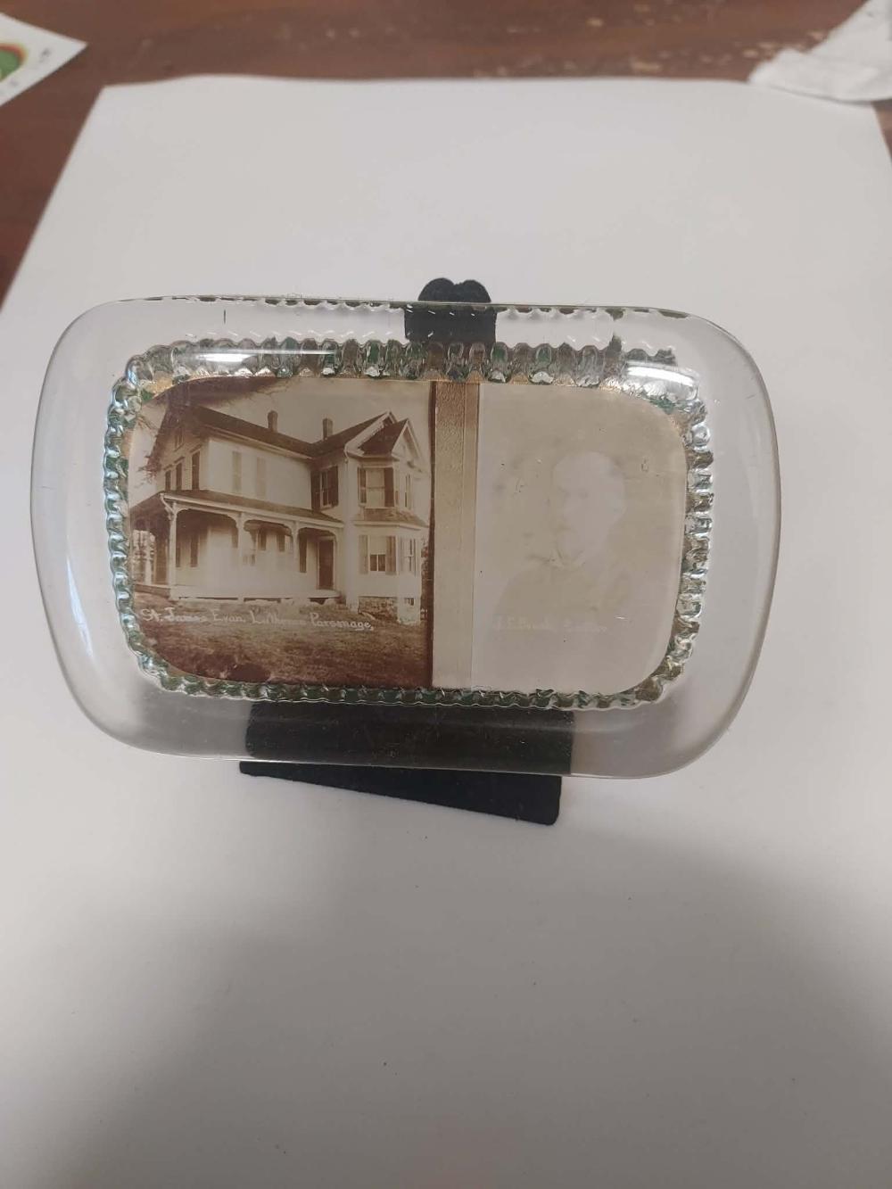Early 1900s St. James Evan Luteran Parsonage glass paperweight