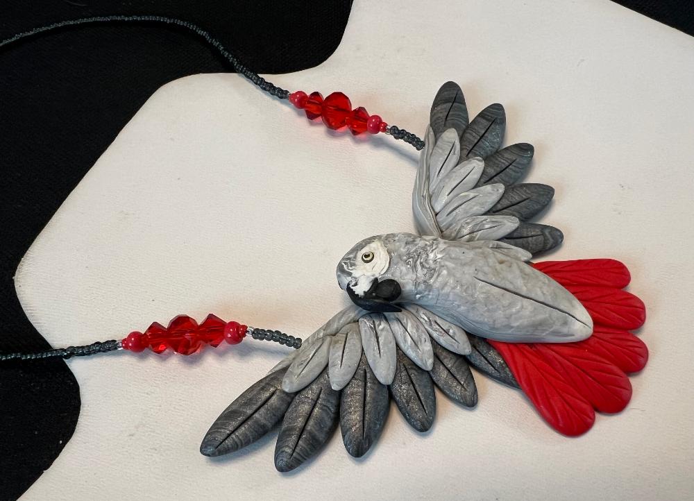 Incredible Colorful Clay African Grey Parrot Necklace