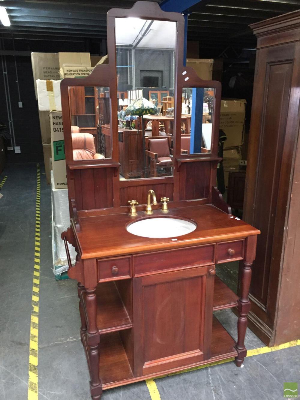 Timber Mirrored Back Wash Stand with Door and Two Drawers