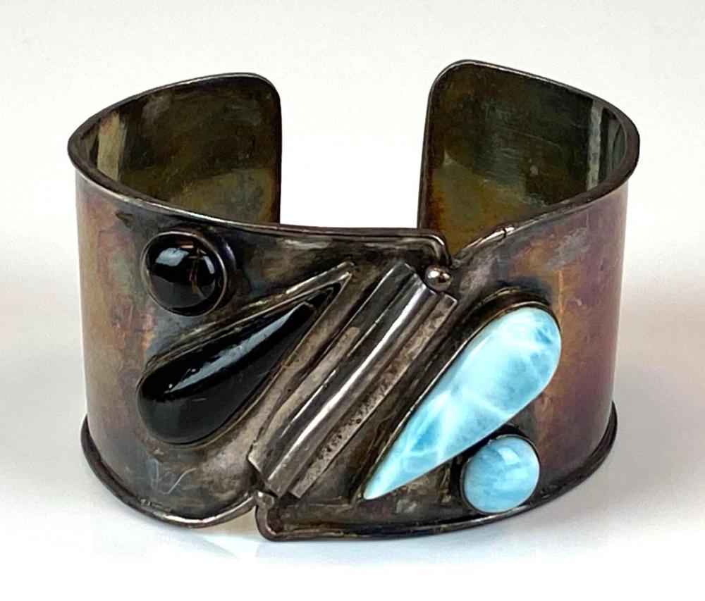 Sterling Silver Onyx and Larimar Cuff Bracelet