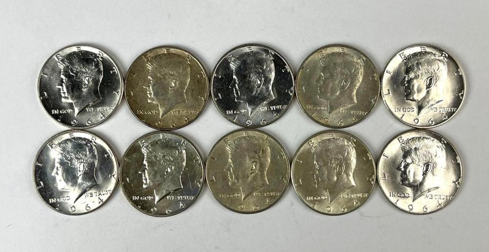 Group of 10 1964 US Kennedy 90 % Silver Half Dollars