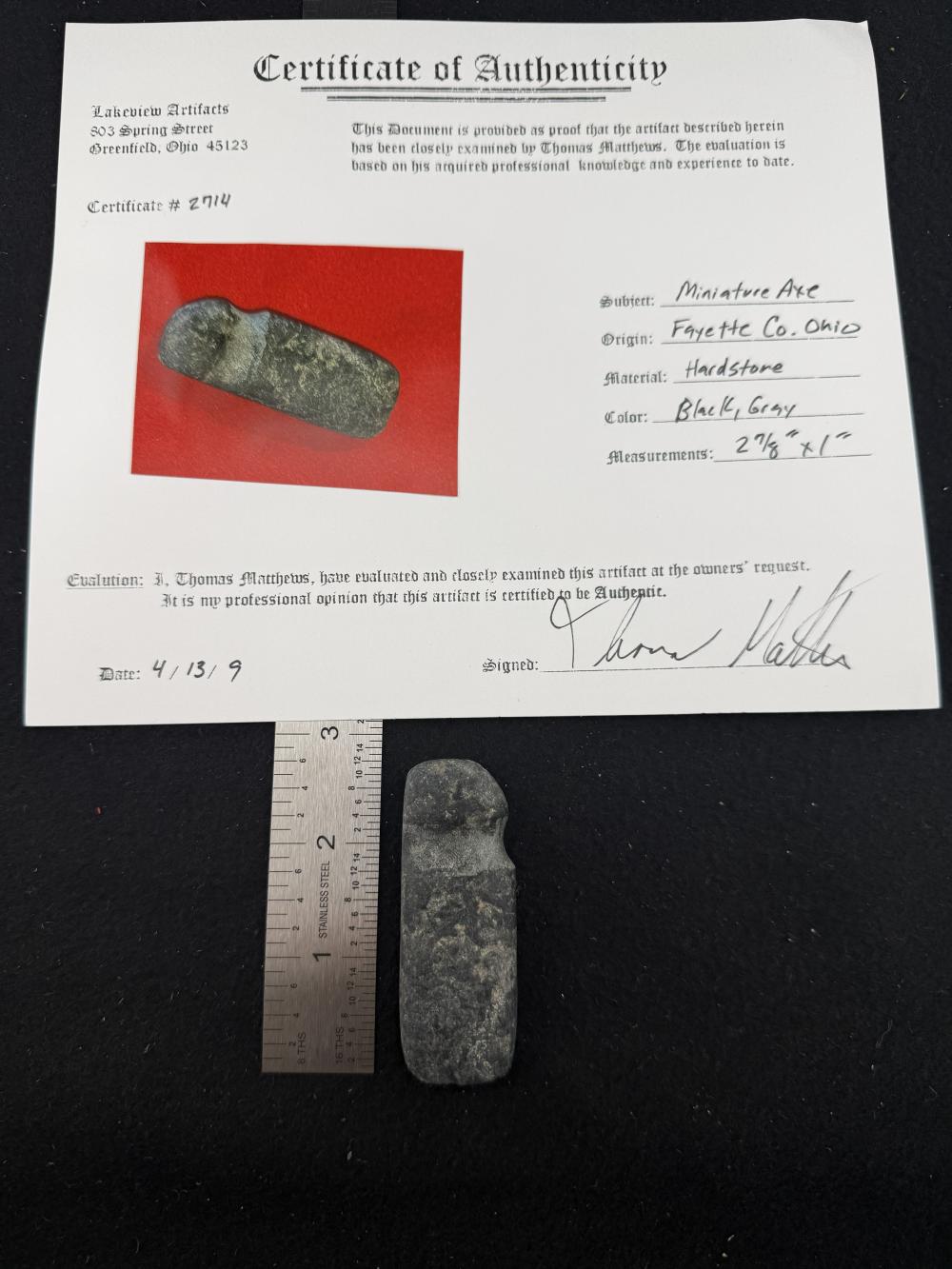 Miniature Axe with Thomas Mathews COA from Fayette County, Ohio Indian Artifact Arrowhead