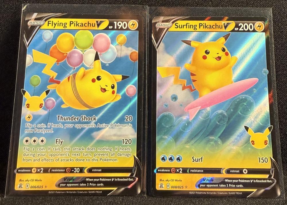 PAIR OF POKEMON FLYING & SURFING PIKACHU V CARDS (MJT)